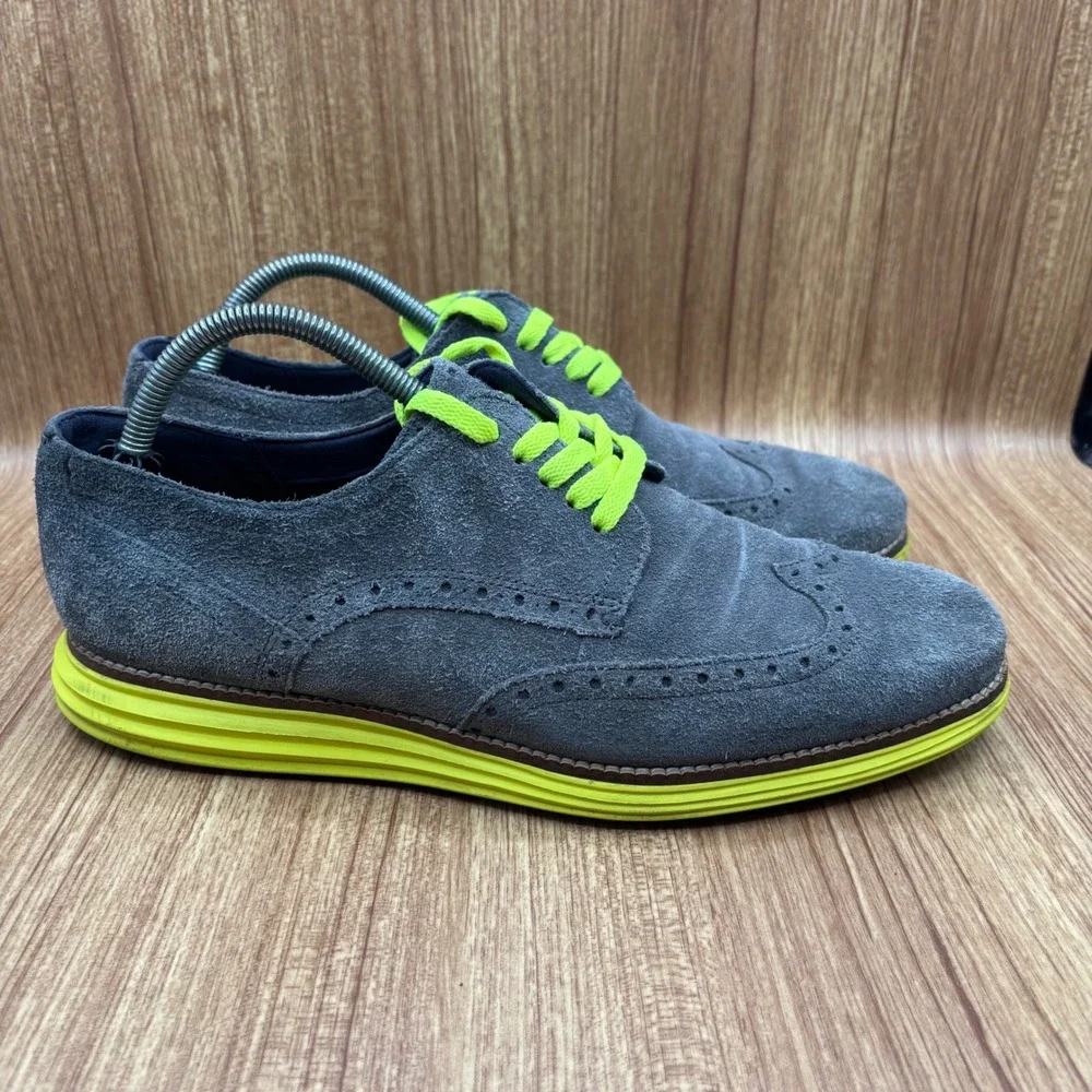 Cole Haan Lunargrand Wingtip Oxford Grey Neon Yellow Men's 9.5M Suede Shoes